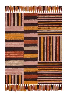 a multicolored area rug with fringes and stripes on the bottom, in various colors