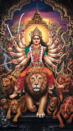 the goddess sitting on top of a lion surrounded by other animals