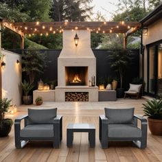 an outdoor living area with two chairs and a fire place in the middle of it