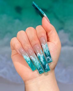 Emerald Blue Nails, White And Turquoise Nails, Water Nails Design, World In Your Hands, Mom Nails, Island Nails, Nail Inspired, Birthday Nail, Wave Nails