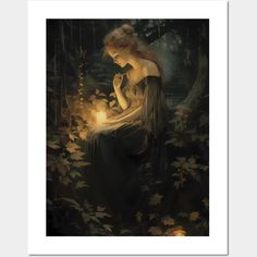 a painting of a woman sitting in the woods holding a candle and looking at it