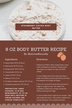 Strawberry Body Butter Recipe, Body Butter Scent Ideas, Kokum Butter Recipe, Body Butter Packaging Ideas, Body Butter Scents, Butter Recipes Homemade