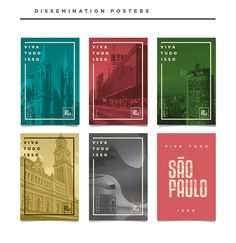 six different posters with the names of various cities in spanish and english, each featuring an image of a building