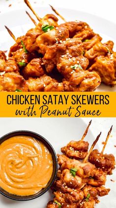 chicken satay skewers with peanut sauce on a white plate and in a bowl