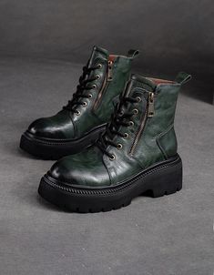 Autumn Winter Anti-slip Real Leather Lace-up Martin Boots — Obiono Green Ankle Lace-up Boots For Fall, Green Winter Martin Boots With Round Toe, Green Round Toe Martin Boots For Winter, Green Winter Boots With Round Toe, Green Ankle-high Martin Boots For Winter, Green Lace-up Boots With Round Toe For Fall, Green Platform Boots With Round Toe For Winter, Green Leather Martin Boots, Green Round Toe Platform Boots For Winter