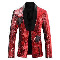 Men's Two-Tone Sequins Shawl Collar Tuxedo Red-Black - www.tuxedoaction.com Red Tuxedo, Shawl Collar Tuxedo, Button Shawl, Red Carpet Party, Blazer Men, Sequin Blazer, Professional Wardrobe, Sequin Jacket, Custom Suit