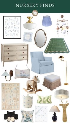 a collage of nursery finds including a chair, dresser and lamp