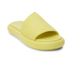 Vegan Synthetic Faux Leather upper, Slip on for easy entry,1.25\ platform sole height, Open round toe, Lightly padded insole, Man Made outsole, Asymmetrical one-band design | Women's Beach by Matisse Lotus Platform Slide Sandals in Lime Size 6 Cushioned Open Toe Foam Sandals, Flat Platform Slides In Synthetic Material, Foam Slides For Beach In Spring, Open Toe Foam Sandals With Cushioned Footbed, Synthetic Flat Platform Slides, Open Toe Sandals With Cushioned Footbed, Spring Foam Sandals With Round Toe, Synthetic Platform Slide Sport Sandals, Platform Slide Sport Sandals In Synthetic