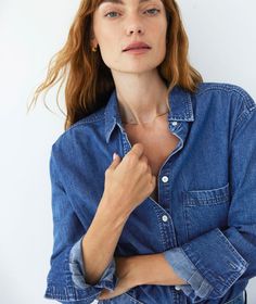 This lightweight denim shirt is a world-renowned concert pianist who's made waves in the classical music scene for (among many other things) her sartorial commitment to the Texas Tuxedo instead of the traditional black wool penguin suit. She's regarded among those who follow her iconic, bestselling button down sisters--The Deep Ends in Oxford and ﻿Cotton Poplin)--as the sister with *the best* interior design taste. She's won awards for her flower arranging skills and, rumor has it, will sketch t Classic Fitted Shirt In Medium Wash, Classic Fitted Medium Wash Shirt, Classic Medium Wash Summer Tops, Classic Medium Wash Shirt For Work, Classic Medium Wash Tops For Everyday, Fitted Shirt In Medium Wash For Work, Fitted Medium Wash Shirt For Work, Classic Medium Wash Relaxed Fit Shirt, Texas Tuxedo