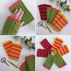 crocheted mitts are being used to make fingerless gloves for someone who is knitting