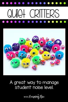 a group of small colorful monsters with the words quiet critters written below them