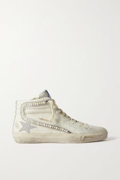 EXCLUSIVE AT NET-A-PORTER. Golden Goose has a penchant for retro skate styles, so the silhouette and hand-distressing of this 'Slide' pair will look and feel familiar. They're crafted from supple leather and suede and detailed with the label's unmistakable insignia dipped in light-catching glitter. Lustrous faux pearl embellishments trace the sides. Slide Golden Goose, Golden Goose Slide Sneakers, Cute Golden Goose Shoes, High Golden Goose, Pearl Golden Goose, Golden Goose Sneakers High Tops, Golden Goose Sneakers Outfit High Tops, Mid Star Golden Goose, High Top Golden Goose