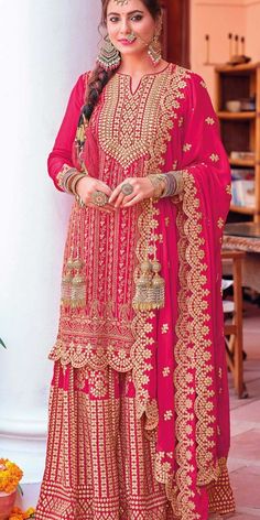 Pink and Majenta color Salwar Kameez in Crepe Silk fabric with Embroidered, Zari work. Shop now @ https://www.indianweddingsaree.com/salwar-kameez-product/crepe-silk-wedding-salwar-kameez-in-pink-and-majenta-with-zari-work-1845190 Bridal Sharara Suit, Bridal Sharara, Designer Sharara Suits, Wedding Salwar Kameez, Indian Dress, Sharara Set, Embroidery Suits, Pakistani Bridal