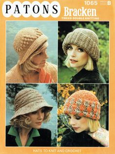 four pictures of hats and crochet on the cover of a knitting pattern book