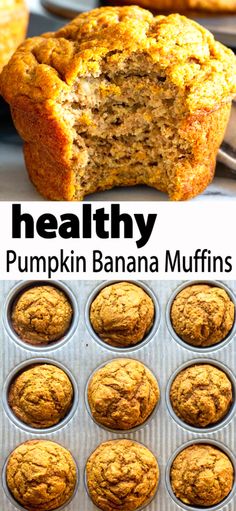 healthy pumpkin banana muffins in a muffin tin with the title above it