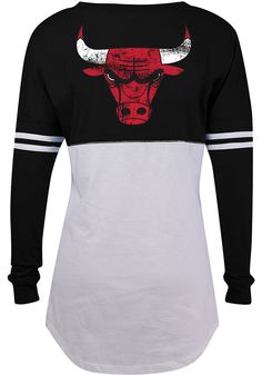 Chicago Bulls Womens Black Athletic LS Tee - Image 1 Long Sleeve Screen Print Fan Apparel Top, Black Printed Sporty Top, Black Fan Apparel Top With Screen Print, Black Screen Print Top Fan Gear, Black Screen Print Top For Fan Apparel, Black Screen Print Tops For Fans, Black Printed Tops For Fan Merchandise, Black Fan Apparel Top With Front Print, Bulls Aesthetic