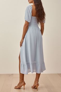 Elegant Solid High Opening Flounce Fold Square Collar Dresses Meadow Dress, Date Night Outfit Classy, Collar Dresses, Chiffon Fashion, Reformation Dress, Floral Print Midi Dress, Print Midi Dress, Printed Midi Dress, Waist Dress