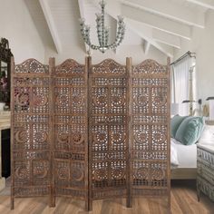 71 Inch 4 Panel Mango Wood Room Divider, Hand Carved, Sun & Moon Design, Brown - BM34821 Bedroom Screens, Sun And Moon Design, Wooden Room, Room Divider Screen