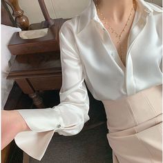 #ad Premium Long Sleeve Satin Shirt Design V-neck Silk Acetate White Shirt Women Spring Tops, Women's Top Satin Blouse Long Sleeve, Satin Bluse, Straight Clothes, White Collared Shirt, Women Shirt Top, Satin Blouses, Tops Casual, Sleeve Women, Solid Color Shirt