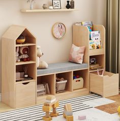 a child's room with toys and bookshelves