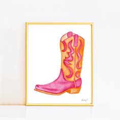 a watercolor painting of a pink cowboy boot with orange and yellow accents on it