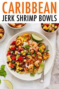 a white plate topped with shrimp and pineapple salsa next to two bowls of food