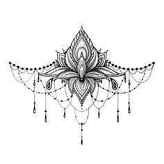 a black and white drawing of a flower with beads hanging from it's petals