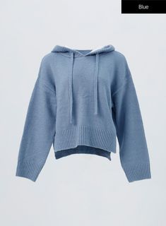 hooded-knit-sweater-oo305 / Blue Blue Hooded Sweater For Fall, Blue Hooded Sweater With Drawstring, Knit Sweatshirt For Streetwear, Cozy Blue Hoodie For Fall, Sporty Knit Hooded Hoodie, Casual Knit Sweatshirt With Drawstring Hood, Blue Hooded Sweater For Loungewear, Trendy Knit Hooded Hoodie, Comfortable Outfit