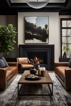 a living room with two couches and a coffee table in front of a fire place