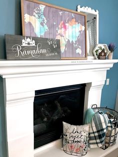 a fireplace with some pillows on top of it and a sign above the fire place