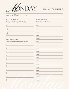 a printable daily planner with the words monday written in cursive writing on it