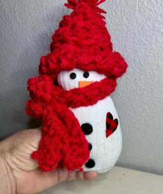 a hand holding a snowman with a red hat and scarf