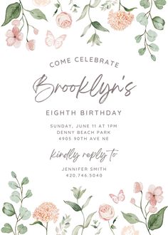 a birthday party with flowers and butterflies on the front, in pinks and greens