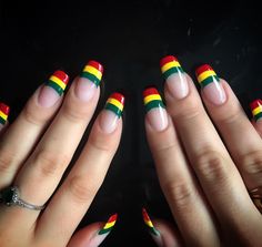 Summer Red Yellow And Green Nails, Red Gold And Green Nails, Red Black Green Nails, Rasta Color Nails, Red Yellow Green Nails, Rasta Nail Designs Reggae, Rasta Nails Acrylic, Juneteenth Nails Designs