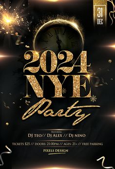 2024 New Year Eve - Gold PSD Flyer Template New Year's Eve Flyer, New Years Eve Events, New Year Flyer, Campaign Ads, Happy 2023, New Year Wishes Images, New Years Eve Invitations, New Year Post, Hotel Marketing