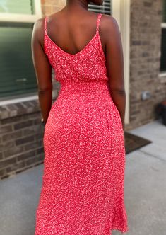 Spring is here and floral sundresses are all the rage! This beautiful red floral midi dress is no exception. It is light and flowing. The perfect outfit for a summer or spring day! Toss on a pair on sneakers, cute wedges, or comfy flip flops and you’re ready to go in this dress! This dress features a front button closure, is mid calf length and has adjustable straps. It fits true to size. Model is 5’4 and is wearing a size Small. 100% rayon Midi dress Fit and flare Adjustable spaghetti strap Fro Spring Midi Dress With Spaghetti Straps For Day Out, Ditsy Floral Print Maxi Sundress For Summer, Spring Midi Dress With Spaghetti Straps, Summer Midi Dress With Spaghetti Straps For Spring, Spring Midi Sundress For Brunch, Spring Midi Dress With Spaghetti Straps For Summer, Vacation Midi Sundress With Ditsy Floral Print, Sleeveless Ditsy Floral Maxi Dress For Summer, Casual Spring Maxi Dress With Ditsy Floral Print