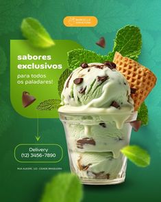 an ice cream advertisement with chocolate chips and mint leaves