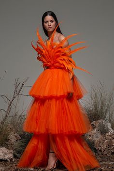 Feathered bodice tulle tiered dress - HerTrove Feather Fashion Couture, Tulle Tiered Dress, Weird Wedding Dress, Orange Maxi Skirt, Isabel Sanchis, Feather Gown, Wedding Skirt, Orange Outfit, Tiered Skirts