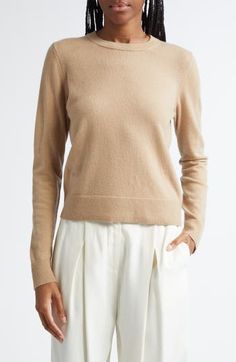 Ultrasoft cashmere yarns give luxurious softness to this classic sweater with ribbed trim. 22" length (size Medium) Crewneck Long sleeves 100% cashmere Dry clean or hand wash, dry flat Imported Classic Neutral Tops For Winter, Classic Cashmere Tops For Fall, Fitted Cashmere Sweater With Soft Knit, Fitted Soft Knit Cashmere Sweater, Brown Cashmere Sweater For Spring, Neutral Cashmere Sweater For Fall, Classic Cashmere Sweater In Neutral Color, Classic Fitted Cashmere Sweater, Fitted Neutral Sweater For Layering