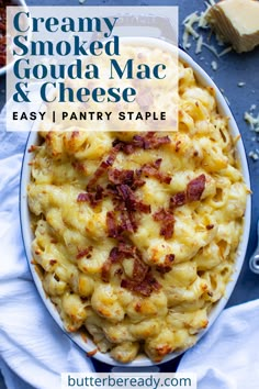 creamy smoked gourmet macaroni and cheese with bacon in a white bowl