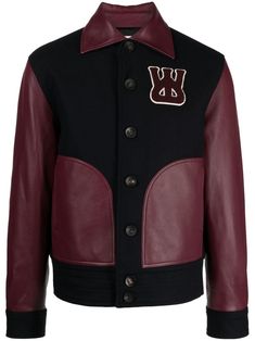 navy blue/wine red wool blend panelled design logo patch at the chest pointed flat collar front button fastening long sleeves two side welt pockets straight hem Wales Bonner Menswear, Logo Clothes, 2024 Logo, Pointed Flat Collar, Jacket Store, Jack Harlow, Jackets Casual, Wales Bonner, Mens Jackets Casual