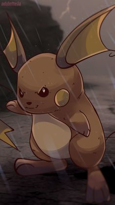 a cartoon pikachu sitting in the rain