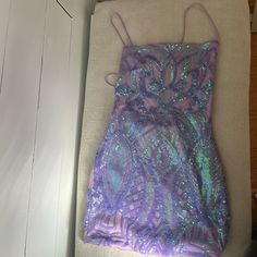 Women’s Sequined Mini Dress. Size Larger. Like New Lucy In The Sky Dress, Sequined Mini Dress, Sky Purple, Sky Dress, Lucy In The Sky, Dresses Backless, Sequin Mini Dress, Dresses Women, Color Purple