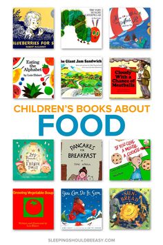 children's books about food with the title overlaying them in blue and yellow