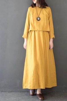 Bahar Q14010 için Vintage Kadın Keten Gevşek Maxi Elbiseler Yellow Long Sleeve Dress For Fall, Yellow Long Sleeve Maxi Dress For Spring, Yellow Flowy Long Sleeve Dress, Yellow Solid Color Maxi Dress For Spring, Yellow Long Sleeve Maxi Dress For Beach, Solid Color Bohemian Long Sleeve Maxi Dress, Bohemian Long Sleeve Solid Maxi Dress, Casual Yellow Long Sleeve Maxi Dress, Flowy Yellow Maxi Dress For Fall