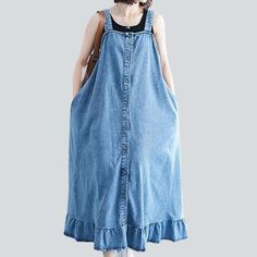 Step into the future with our 90s-inspired long denim dress with frills from the 2023 Spring-Summer Collection! Its light washed fabric and buttoned closure give this traditional piece a vogue edge. making it the perfect addition to any wardrobe.Why You'll Fall In LoveThis dress is a unique blend of old and new. with its signature 20th-century look and contemporary accents. From the playful frills to the light washed fabric. every detail of this dress promises to give you a timelessly chic look. Dark Wash Buttoned Summer Dress, Summer Dark Wash Buttoned Dress, Summer Dresses In Dark Wash With Buttons, Sleeveless Denim Blue Ruffled Denim Dress, Denim Blue Cotton Dress With Frayed Hem, Casual Sleeveless Denim Dress With Ruffles, Spring Dark Wash Dress With Frayed Hem, Dark Wash Dress With Frayed Hem For Spring, Sleeveless Cotton Denim Dress With Ruffles