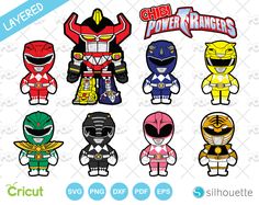 the power rangers svg cut file is shown in different colors and sizes, including one with