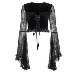 Material: Polyester; Spandex 
Weight: 0.15KG 
Size: S-XL 
SKU:?SH61128 Punk Grunge Fashion, Lace Up Crop Top, Flared Sleeves Top, Lace Cardigan, Lace Patchwork, Velvet Lace, Lace Hem, Womens Long Sleeve Shirts, Lace Panelled