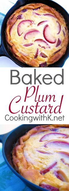 baked plum custard in a cast iron skillet with text overlay that reads baked plum custard cookingwith net