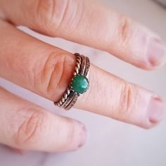 Genuine 6mm green emerald is set in oxidized sterling silver. Stack with hammered and textured twist ring for this rustic chic style. Set if 3 rings. ~Wrapped and ready for gifting ~Handmade in Tennessee Emerald Silver Ring, Crossville Tn, Silver Emerald Ring, Emerald Band, Rings Sterling Silver, May Birthday, Ring Stack, Twist Ring, Turquoise Rings